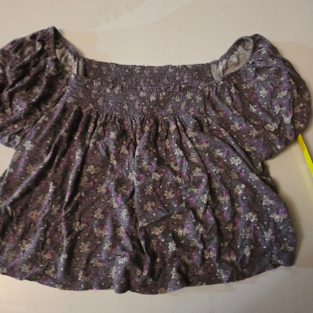 Lucky Brand Womens Grey Floral Smocked Square Neck Puff Sleeve Blouse Large
